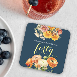40th Birthday Party Elegant Cheerful Floral Square Paper Coaster