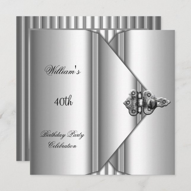40th Birthday Party Elegant Mens Silver Grey Invitation (Front/Back)