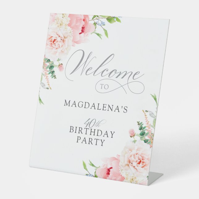 40th Birthday Party Elegant Pink Floral Welcome Pedestal Sign (Front)