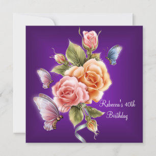 40th Birthday Party Elegant Purple Pink Roses Invitation