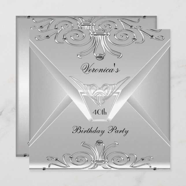40th Birthday Party Elegant Silver Art Deco 2 Invitation (Front/Back)