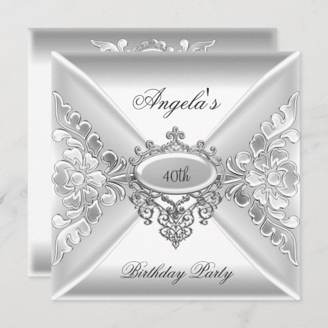 40th Birthday Party Elegant Silver White Jewel Invitation (Front/Back)