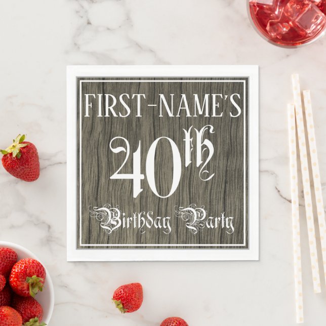 40th Birthday Party — Fancy Script, Faux Wood Look Napkin (Insitu)