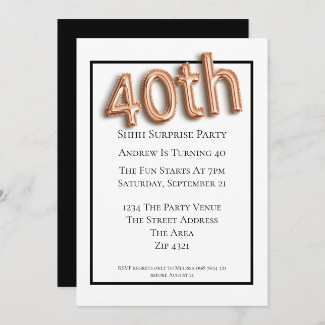 40th Birthday Party Faux 3d Gold Balloon Font Invitation (Front/Back)