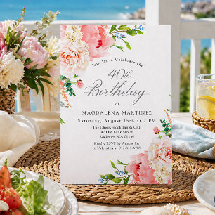 40th Birthday Party Feminine Pink Roses Floral Inv Invitation
