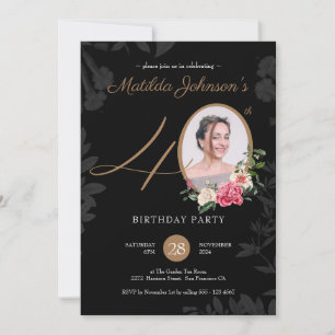 40th Birthday Party Floral Black Gold Classy Photo Invitation
