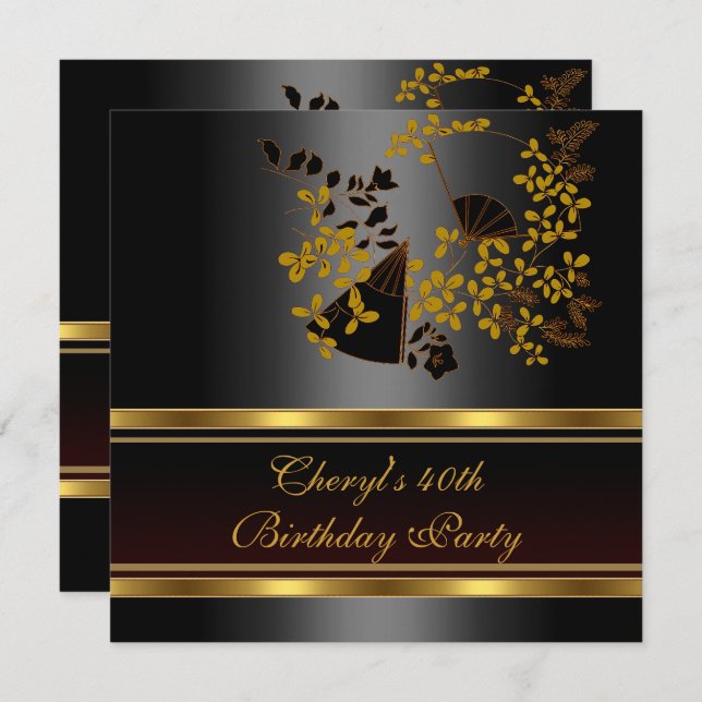 40th Birthday Party Floral Black Gold pattern Invitation (Front/Back)
