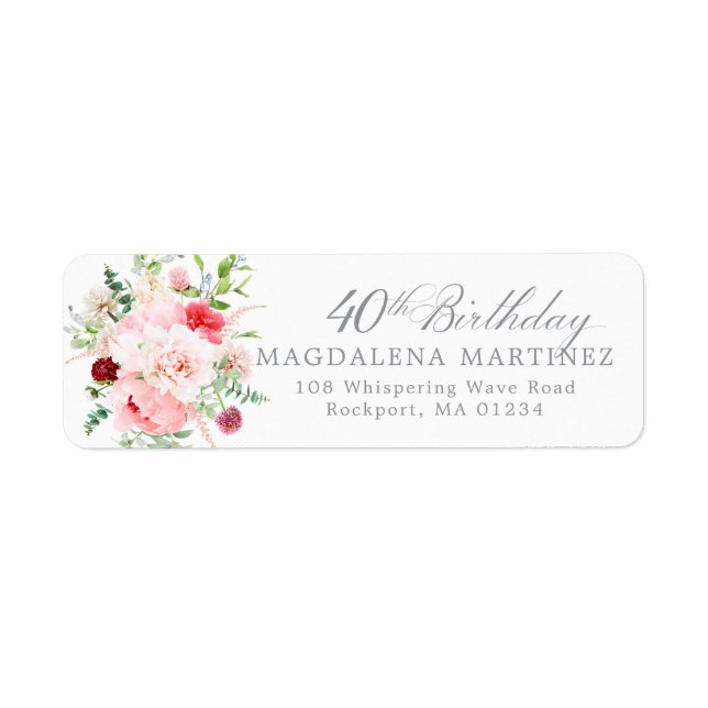 40th Birthday Party Floral Return Address Label (Front)