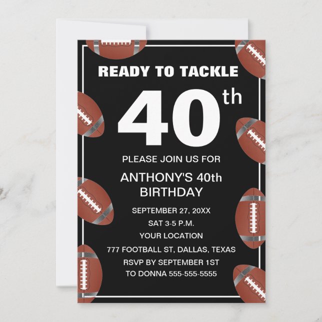 40th Birthday Party Football Black Dad Sport Invitation (Front)