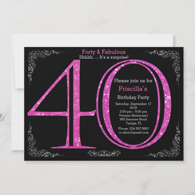 40th, Birthday party, forty, Gatsby, black silver Invitation (Front)