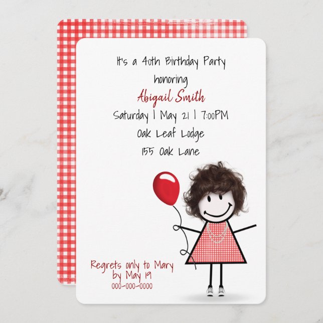 40th Birthday Party Girl with Red Balloon   Invitation (Front/Back)