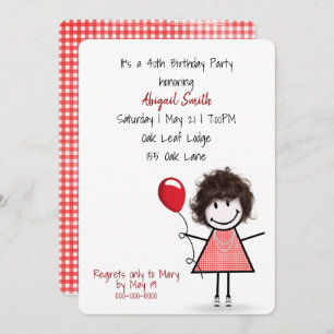 40th Birthday Party Girl with Red Balloon   Invitation