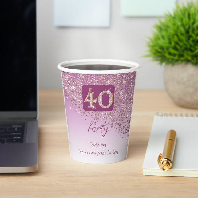 40th Birthday Party Gleaming Rose Gold Glitter Paper Cups (Insitu)