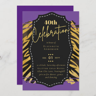 40th Birthday Party Gold Animal Print Glitter Glam Invitation