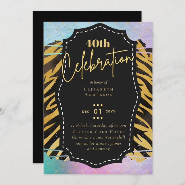 40th Birthday Party Gold Animal Print Glitter Glam Invitation (Front/Back)