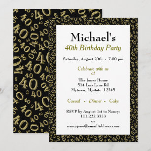 40th Birthday Party - Gold/Black Number Pattern Invitation