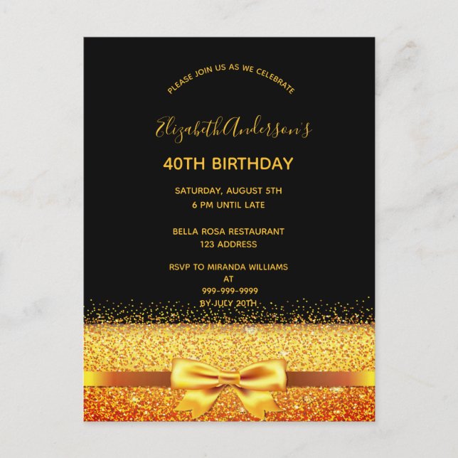 40th birthday party gold black sparkle invitation postcard (Front)
