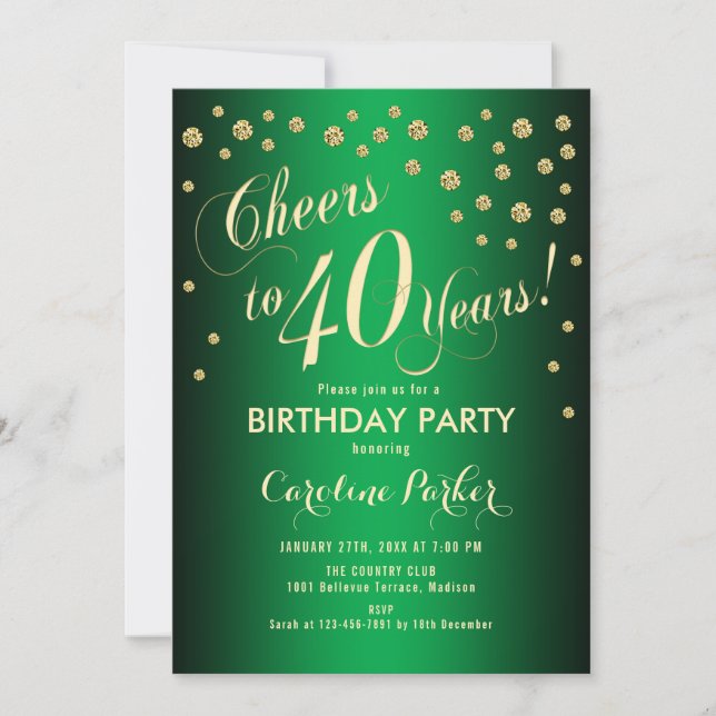 40th Birthday Party - Gold Green Invitation (Front)