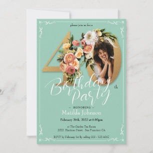 40th Birthday Party Gold Mint Floral Custom Photo  Invitation