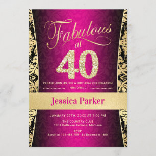 40th Birthday Party - Gold Pink Black Invitation