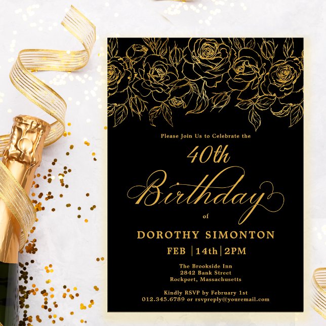 40th Birthday Party Gold Rose Floral Black Invitation (Creator Uploaded)