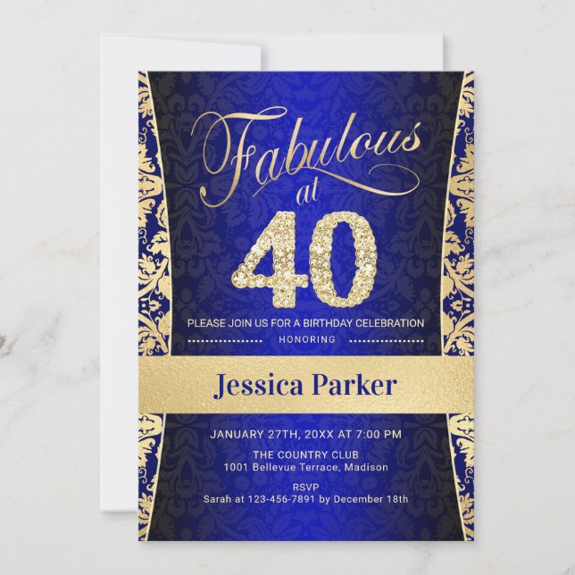 40th Birthday Party - Gold Royal Blue Invitation (Front)