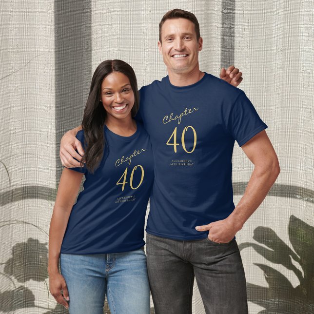 40th Birthday Party Gold Script Blue T-Shirt (Creator Uploaded)