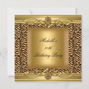 40th Birthday Party Gold  Zebra Black Invitation