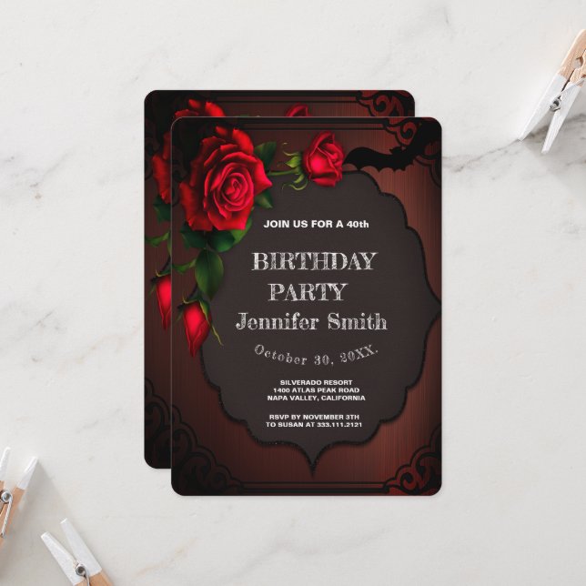 40th Birthday Party Gothic Red Rose Invitation (Front/Back In Situ)