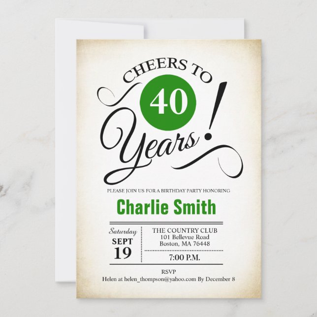 40th Birthday Party - Green Black White Invitation (Front)