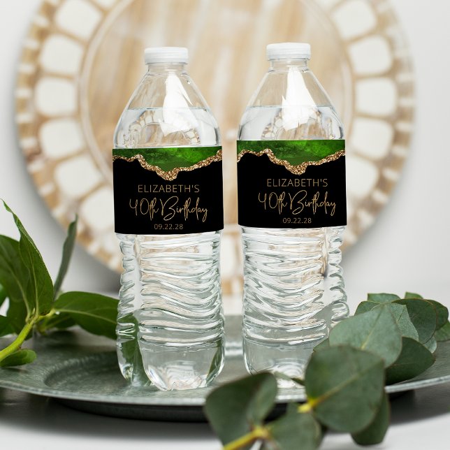 40th Birthday Party Green Gold Agate  Water Bottle Label (Creator Uploaded)