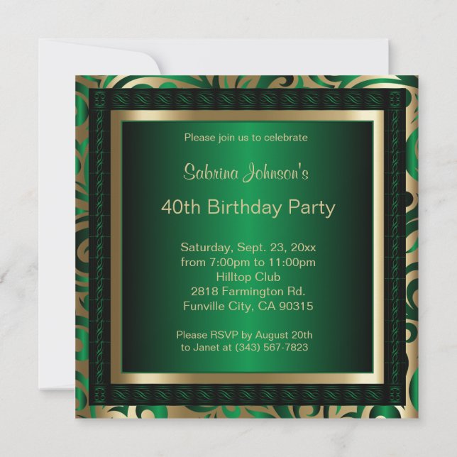 40th Birthday Party | Green Metallic & Gold Invitation (Back)