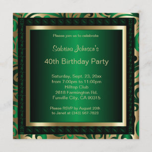 40th Birthday Party   Green Metallic & Gold Invitation