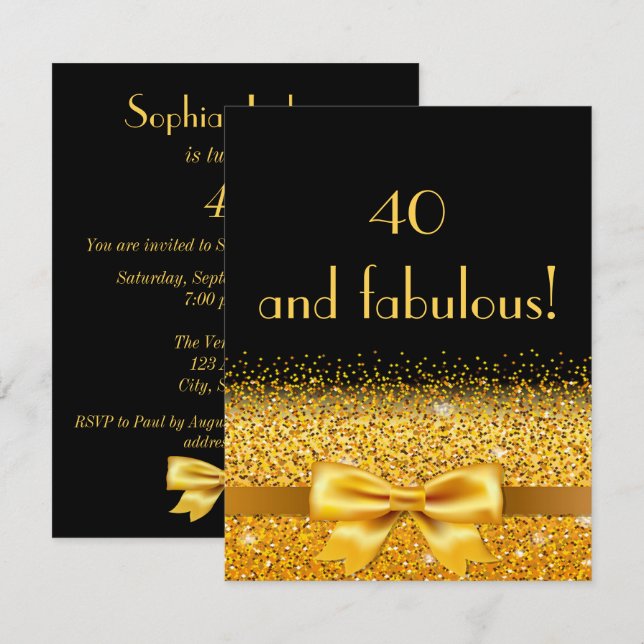 40th birthday party invitation black with gold bow (Front/Back)
