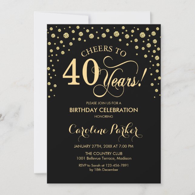 40th Birthday Party Invitation - Gold Black (Front)