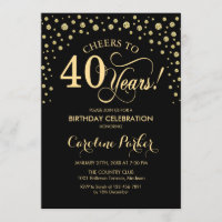 40th Birthday Party Invitation - Gold Black