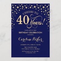 40th Birthday Party Invitation - Gold Navy Blue