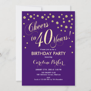 40th Birthday Party Invitation - Gold Purple