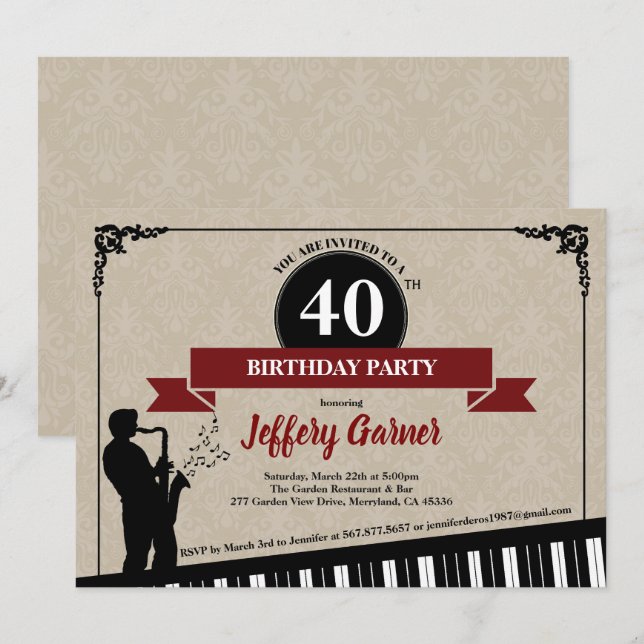 40th birthday party invitation Jazz music theme (Front/Back)