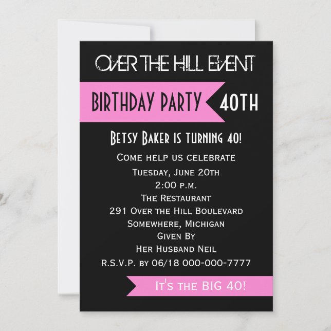 40th Birthday Party Invitation Pink Over the Hill (Front)