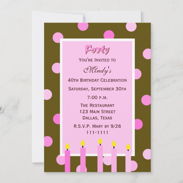 40th Birthday Party Invitation Pink Polka Dots (Front)