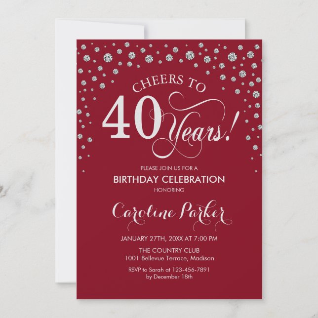 40th Birthday Party Invitation - Silver Red (Front)