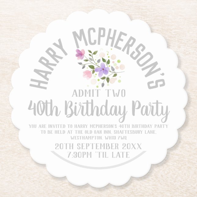40th Birthday Party Invitation Ticket Paper Coaster (Front)