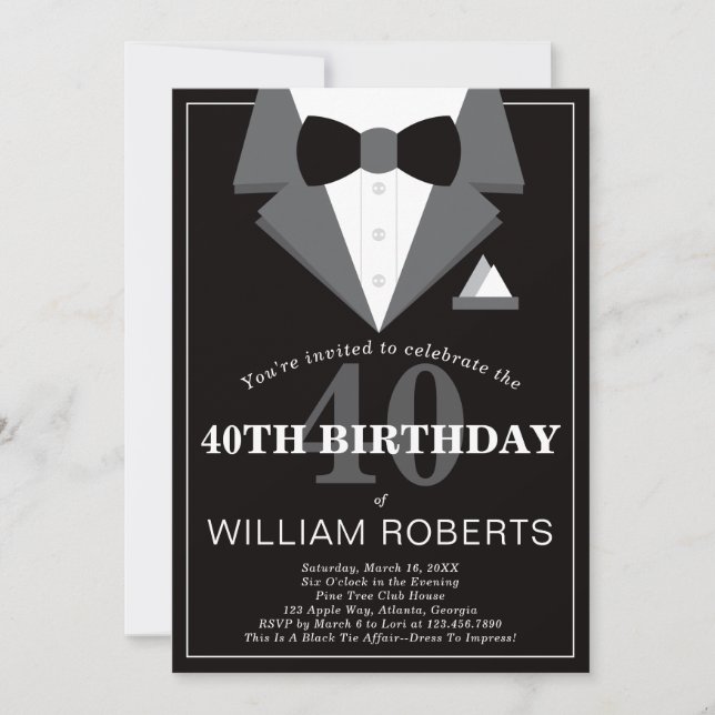 40th Birthday Party Invitation, Tuxedo Invitation (Front)