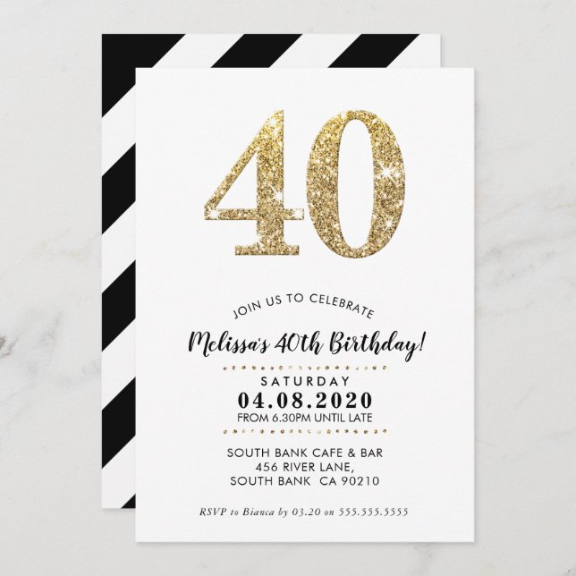 40TH BIRTHDAY PARTY INVITE modern gold glitter (Front/Back)