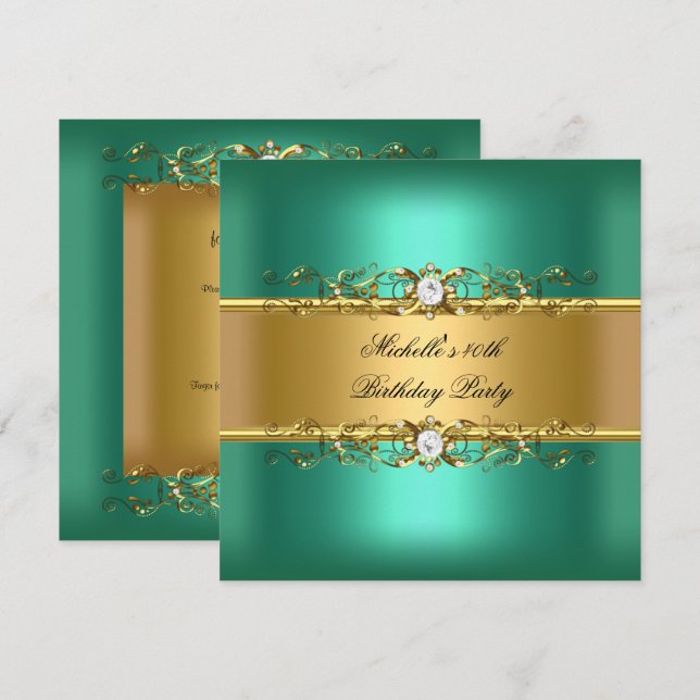 40th Birthday Party Jade Green Gold Diamond Jewel Invitation (Front/Back)