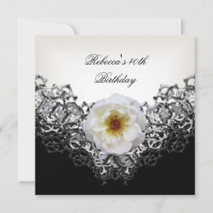 40th Birthday Party Lace Black White Flower Silver Invitation