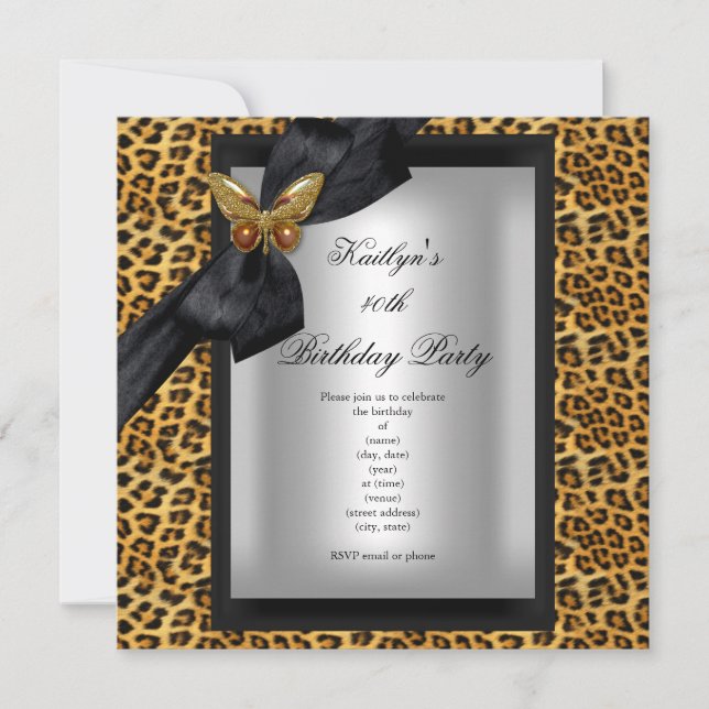 40th Birthday Party Leopard Black Butterfly Invitation (Front)