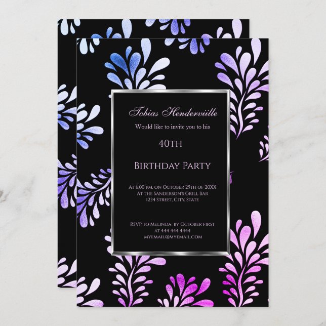 40th  Birthday Party Man invitation Black Purple (Front/Back)