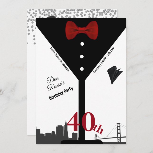 40th Birthday Party Martini Glass Red Bow Tie  Invitation (Front/Back)